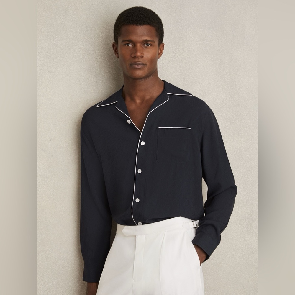NWT REISS Josh Cuban Collar Shirt with Piping Detail Shirt in Navy